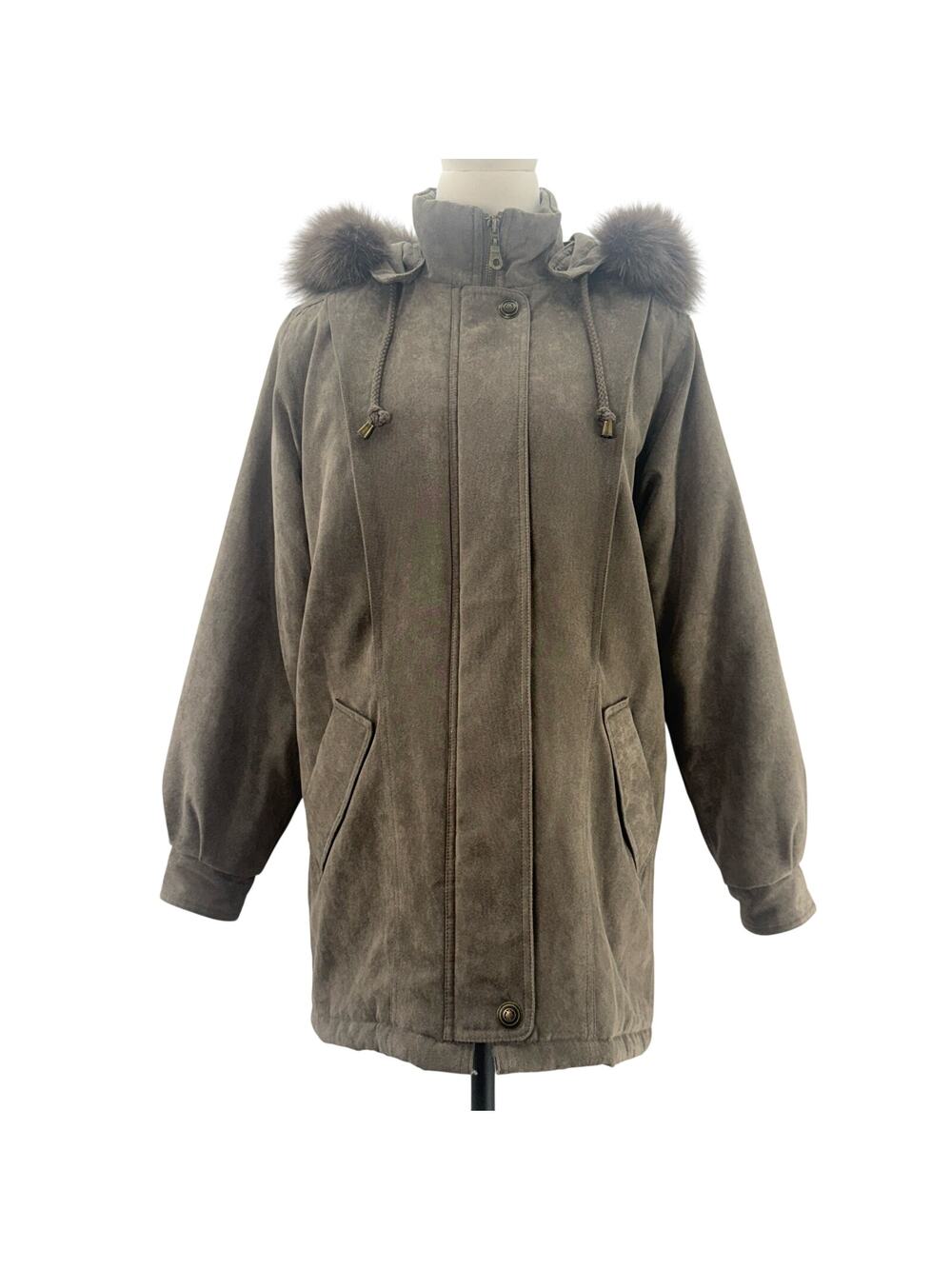 St John's Bay Faux Suede Hooded Jacket Fur Trim Women's Small Taupe Brown